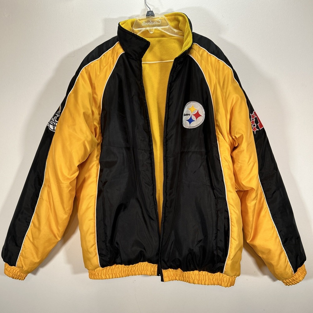 Pittsburgh Steelers NFL Jacket Sz MED Reversible Two Sided Puffer Fleece VTG 90